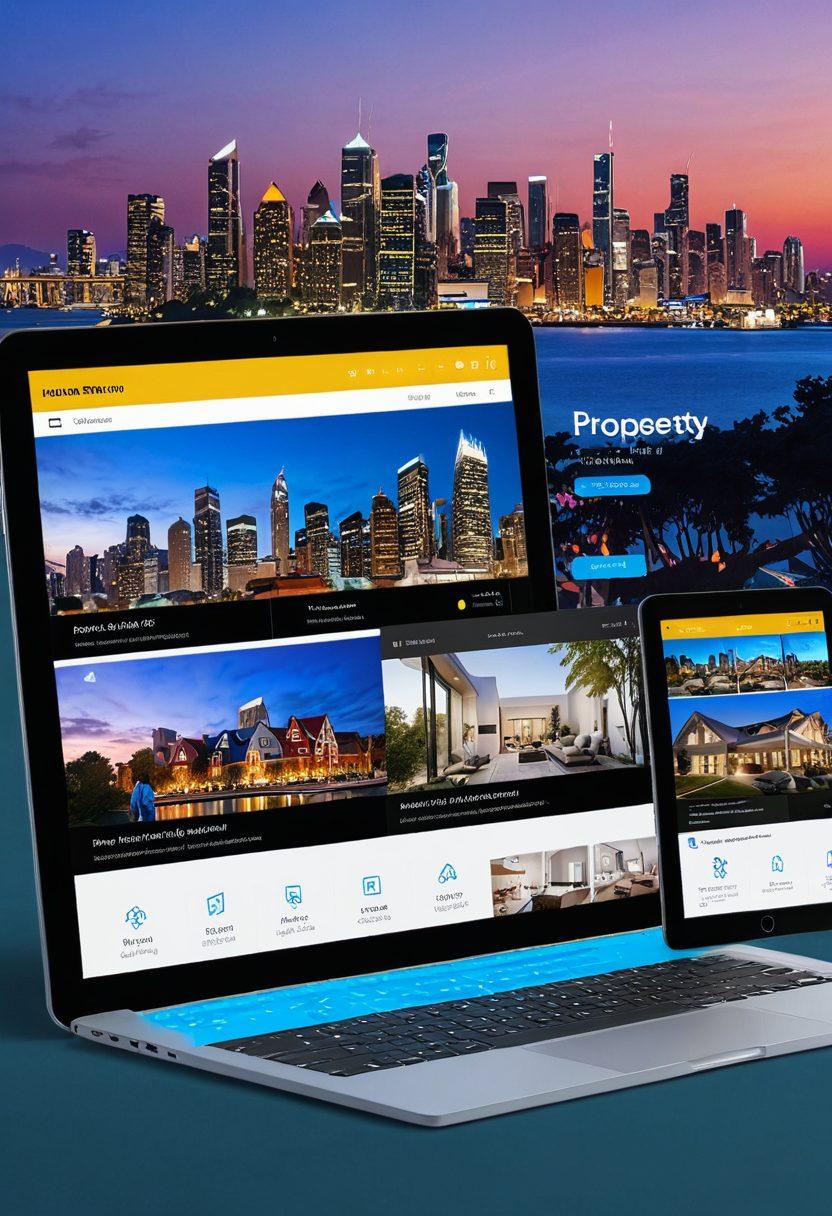 A bustling digital interface displaying a variety of vibrant property listings on laptops, tablets, and smartphones, surrounded by modern search tools like filters and maps. Highlight eager house hunters, diverse in age and ethnicity, energetically exploring the options, with an urban city skyline in the background. super-realistic. vibrant colors. modern aesthetic.